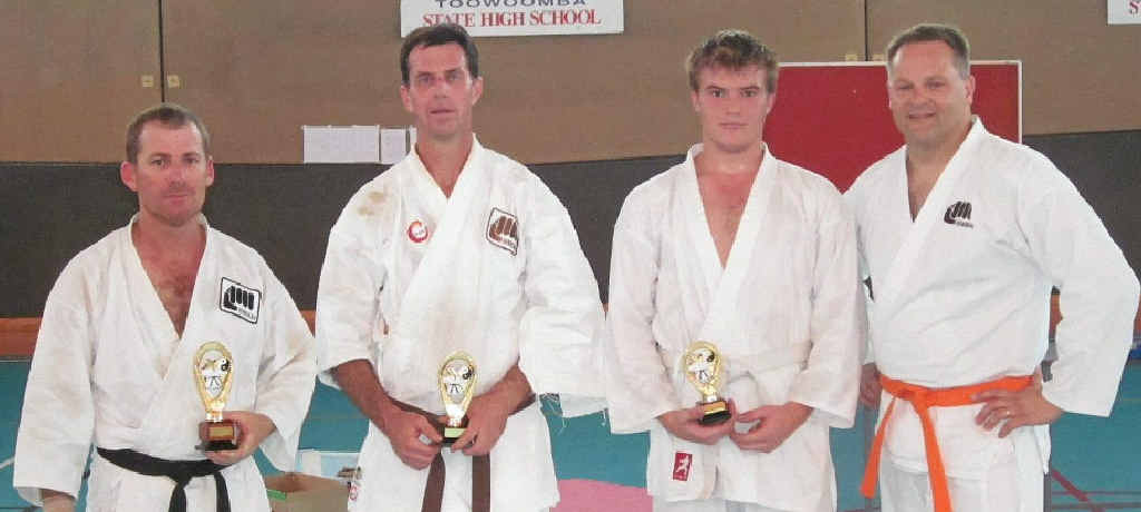 Warwick star David Webster, left, the Renbukan Karate National Championships winner, with Troy Jennings (Gold Coast), Steve Lawler (Roma) and Michael Levitt (Toowoomba). Warwick star David Webster, left, the Renbukan Karate National Championships winner, with Troy Jennings (Gold Coast), Steve Lawler (Roma) and Michael Levitt (Toowoomba).